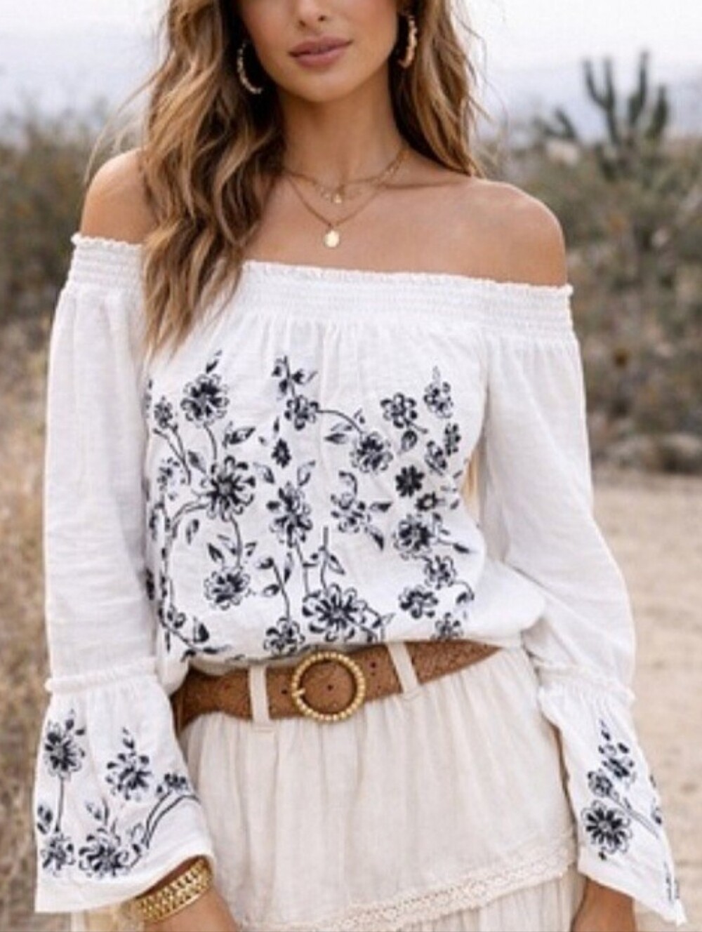Anthropologie Annie Off Shoulder Boho Knit Embroidered Blouse Top Sz Med
